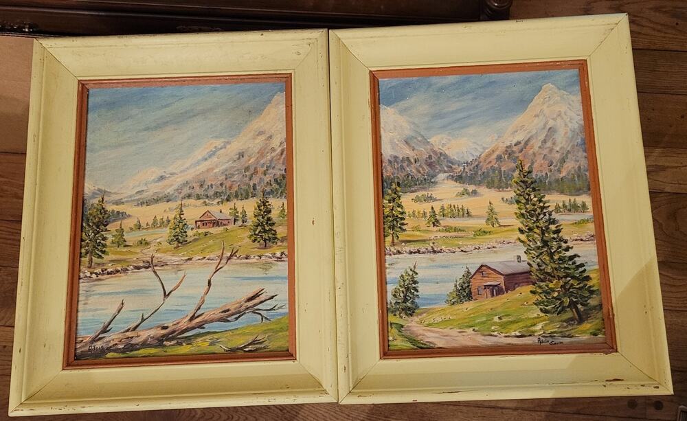 Pair Of MCM Mountain West Paintings, Signed Adoia Saum, Rustic Frames, 20x17"